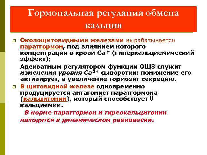 Гормональная регуляция обмена кальция p p Околощитовидными железами вырабатывается паратгормон, под влиянием которого концентрация