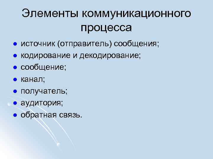 Элементы коммуникационного процесса l l l l источник (отправитель) сообщения; кодирование и декодирование; сообщение;