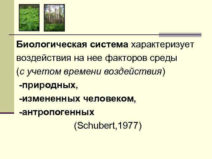 Биологическая система характеризует воздействия на нее факторов среды (с учетом времени воздействия) -природных, -измененных