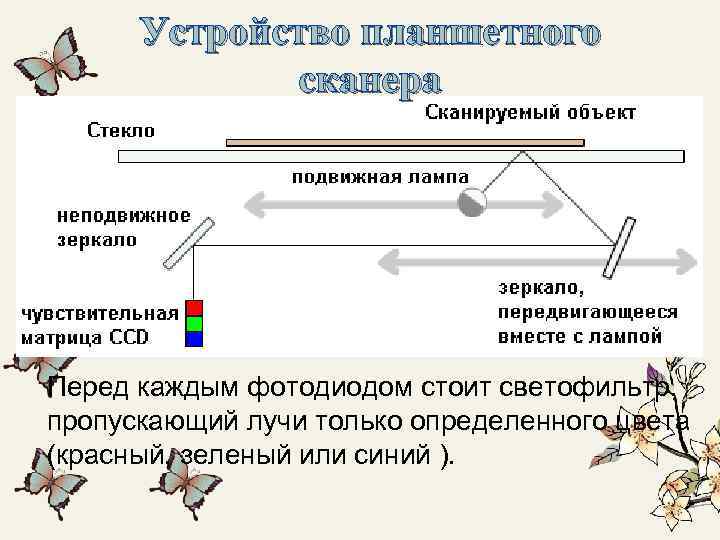 Устройство планшетного сканера Перед каждым фотодиодом стоит светофильтр, пропускающий лучи только определенного цвета (красный,