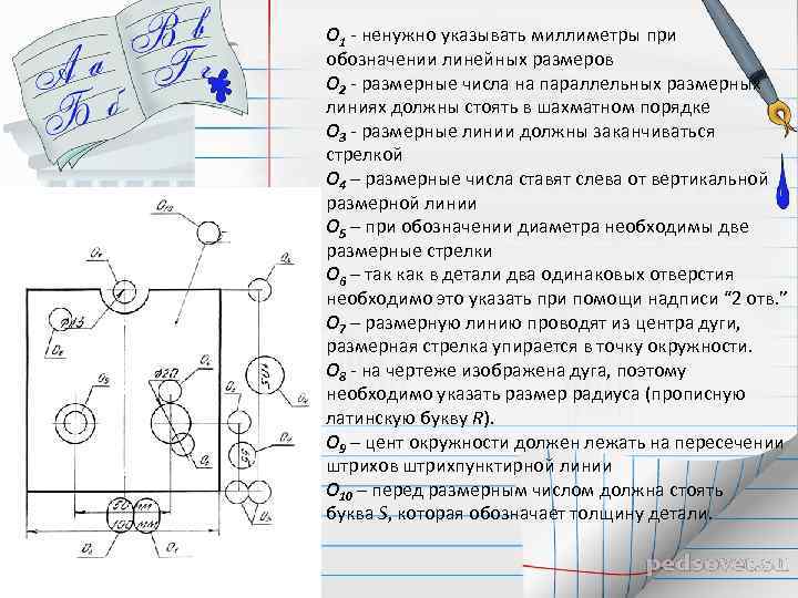 О 1 - ненужно указывать миллиметры при обозначении линейных размеров О 2 - размерные