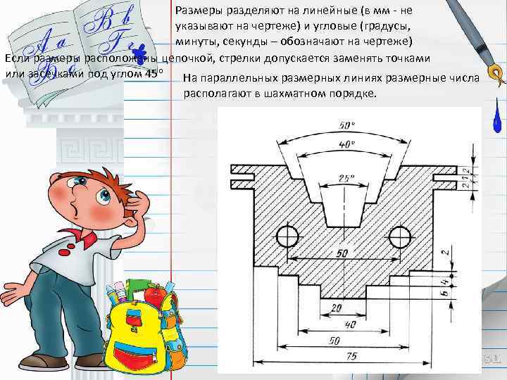 Размеры разделяют на линейные (в мм - не указывают на чертеже) и угловые (градусы,
