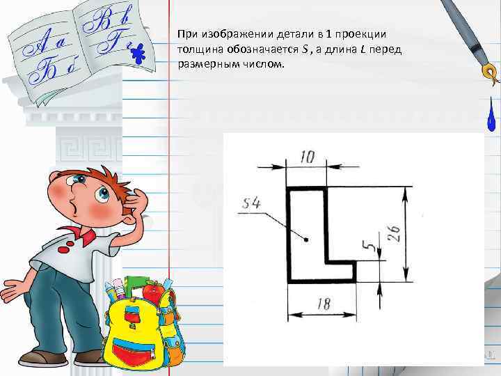 При изображении детали в 1 проекции толщина обозначается S , а длина L перед
