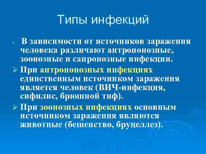    Типы инфекций Ø В зависимости от источников заражения  человека различают