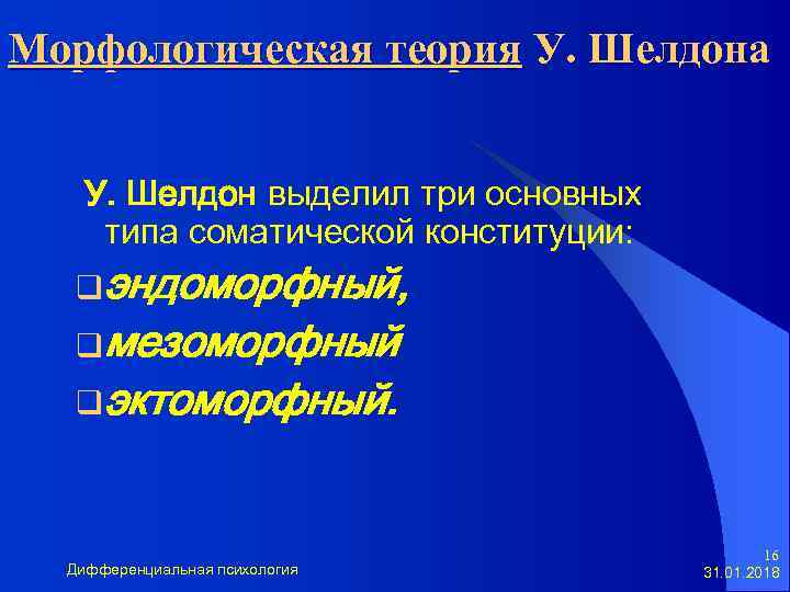 Морфологическая теория У. Шелдона У. Шелдон выделил три основных типа соматической конституции: qэндоморфный, qмезоморфный