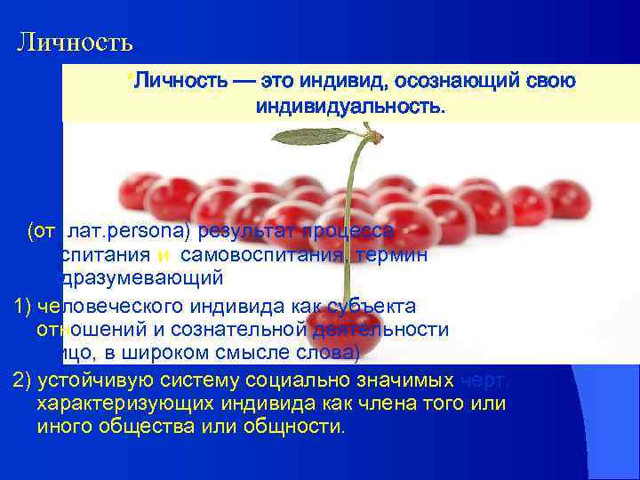 Личность *Личность — это индивид, осознающий свою индивидуальность. (от лат. persona) результат процесса воспитания