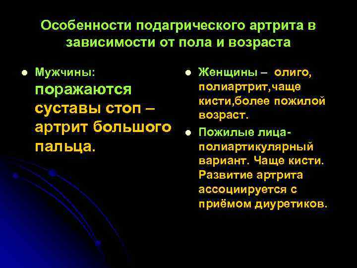 Особенности подагрического артрита в зависимости от пола и возраста l Мужчины: поражаются суставы стоп