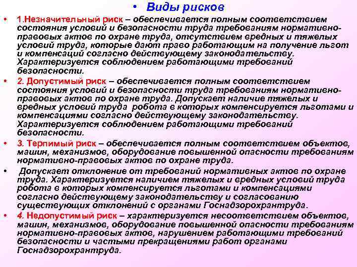  • Виды рисков • • • 1. Незначительный риск – обеспечивается полным соответствием