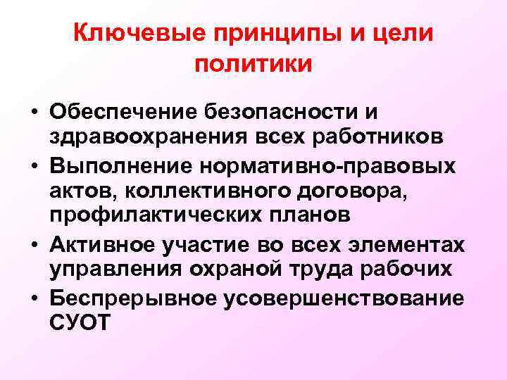 Ключевые принципы и цели политики • Обеспечение безопасности и здравоохранения всех работников • Выполнение