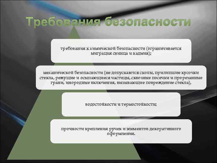Требования безопасности требования к химической безопасности (ограничивается миграция свинца и кадмия); механической безопасности (не