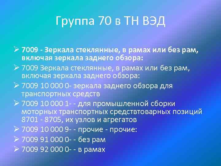 Группа 70 в ТН ВЭД Ø 7009 - Зеркала стеклянные, в рамах или без