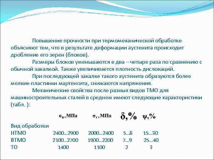 Повышение прочности при термомеханической обработке объясняют тем, что в результате деформации аустенита происходит дробление