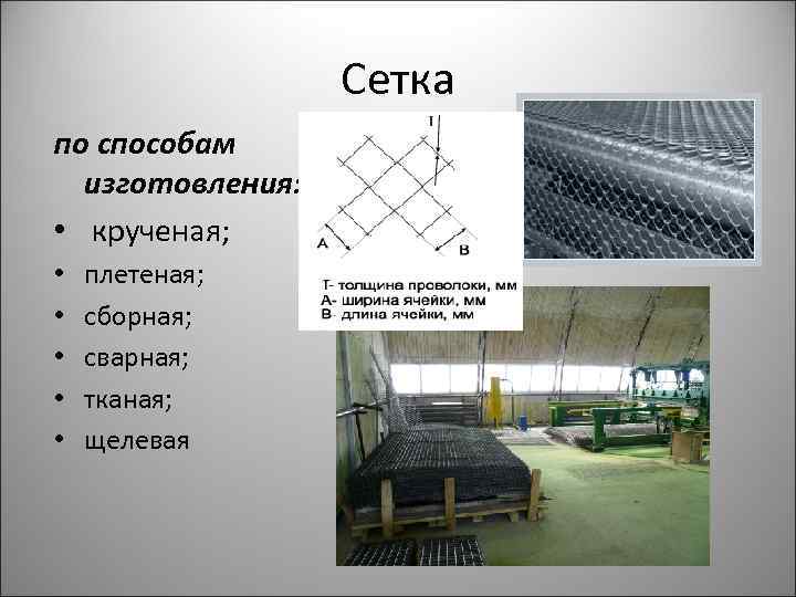 Сетка по способам изготовления: • крученая; • • • плетеная; сборная; сварная; тканая; щелевая