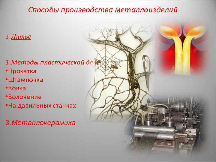 Способы производства металлоизделий 1. Литье 1. Методы пластической деформации: • Прокатка • Штамповка •