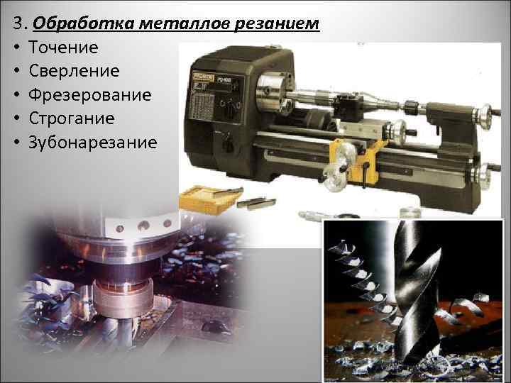 3. Обработка металлов резанием • Точение • Сверление • Фрезерование • Строгание • Зубонарезание