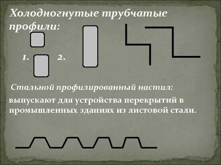 Холодногнутые трубчатые профили: 1. 2. Стальной профилированный настил: выпускают для устройства перекрытий в промышленных