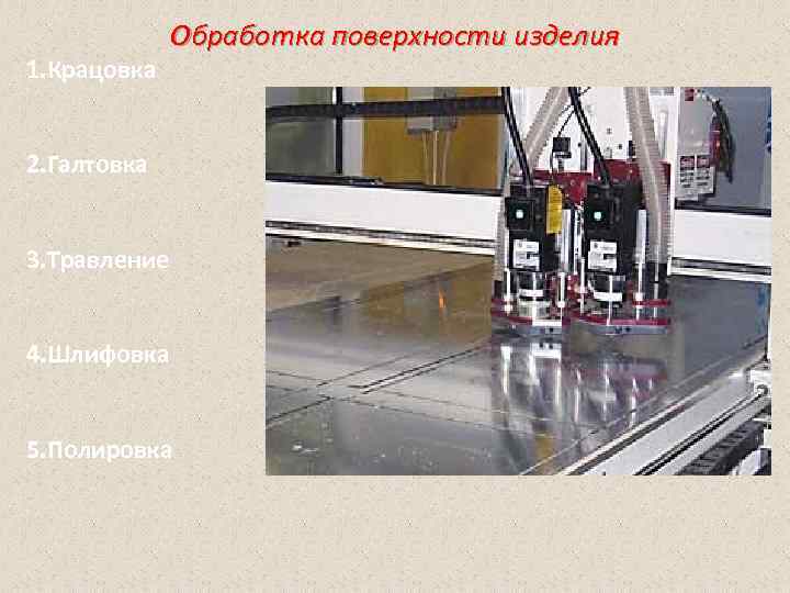  Обработка поверхности изделия 1. Крацовка 2. Галтовка 3. Травление 4. Шлифовка 5. Полировка