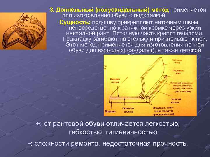 3. Доппельный (полусандальный) метод применяется для изготовления обуви с подкладкой. Сущность: подошву прикрепляют ниточным