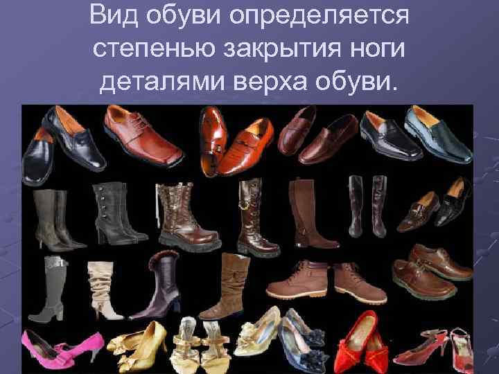 Вид обуви определяется степенью закрытия ноги деталями верха обуви. 