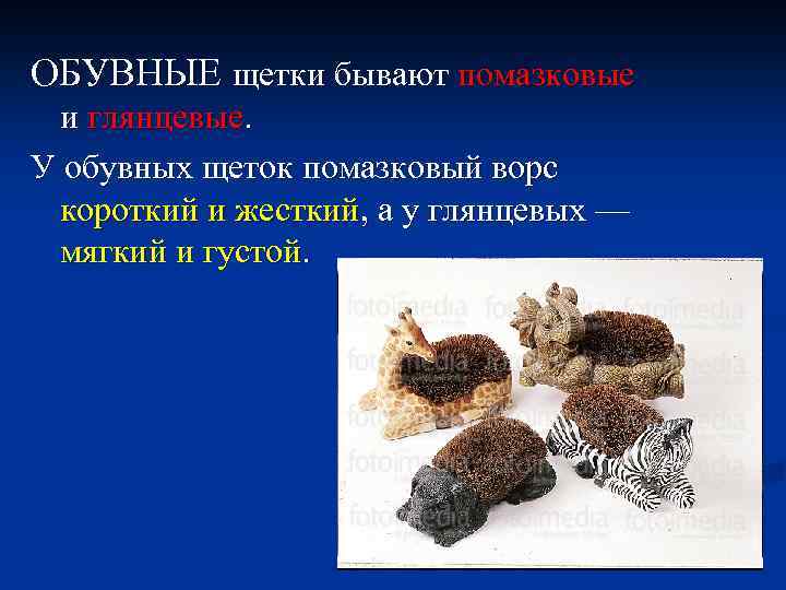 ОБУВНЫЕ щетки бывают помазковые и глянцевые. У обувных щеток помазковый ворс короткий и жесткий,