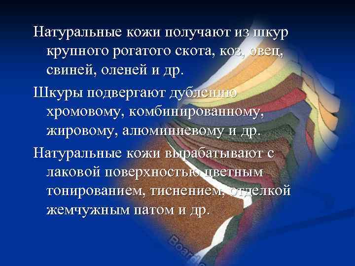 Натуральные кожи получают из шкур крупного рогатого скота, коз, овец, свиней, оленей и др.