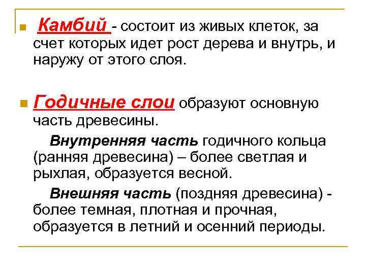 n Камбий - состоит из живых клеток, за счет которых идет рост дерева и