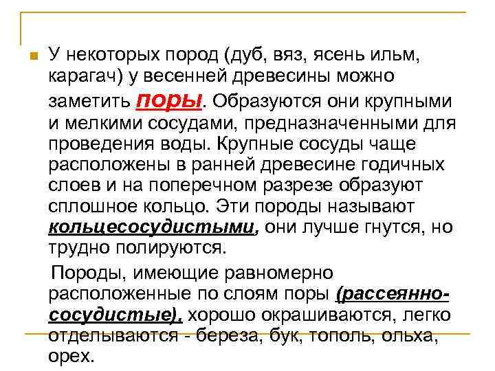 n У некоторых пород (дуб, вяз, ясень ильм, карагач) у весенней древесины можно заметить