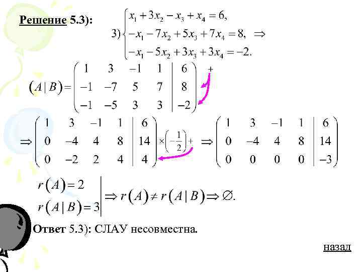 Решение 5. 3): Ответ 5. 3): СЛАУ несовместна. назад 