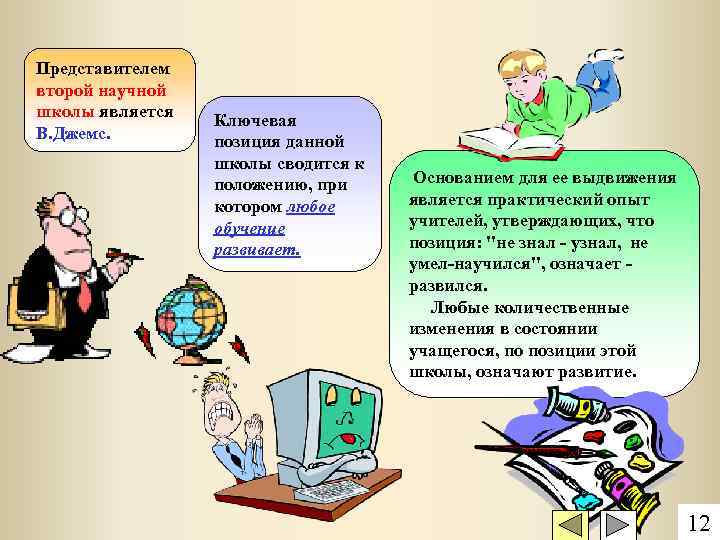 Представителем второй научной школы является В. Джемс. Ключевая позиция данной школы сводится к положению,
