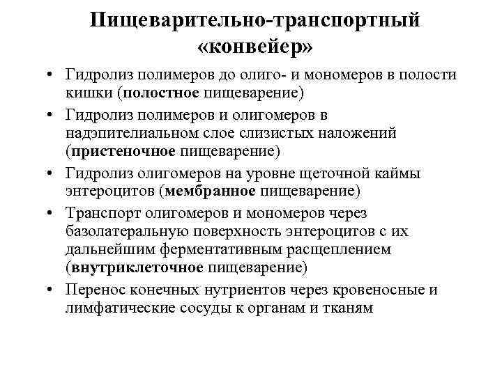 Пищеварительно-транспортный «конвейер» • Гидролиз полимеров до олиго и мономеров в полости кишки (полостное пищеварение)