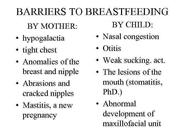 BARRIERS TO BREASTFEEDING • • • BY MOTHER: hypogalactia tight chest Anomalies of the