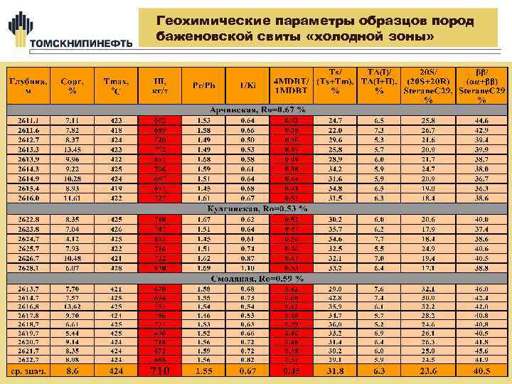 Геохимические параметры образцов пород баженовской свиты «холодной зоны» 