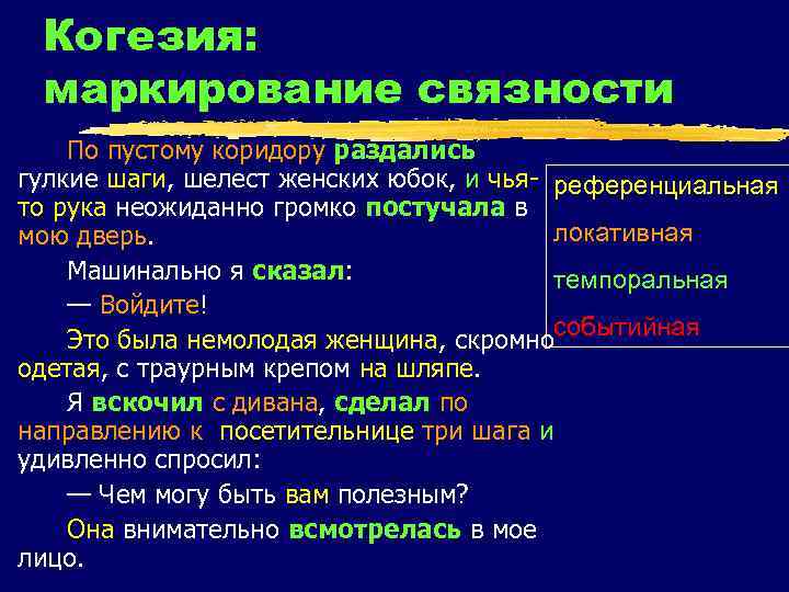 Когезия: маркирование связности По пустому коридору раздались гулкие шаги, шелест женских юбок, и чья-