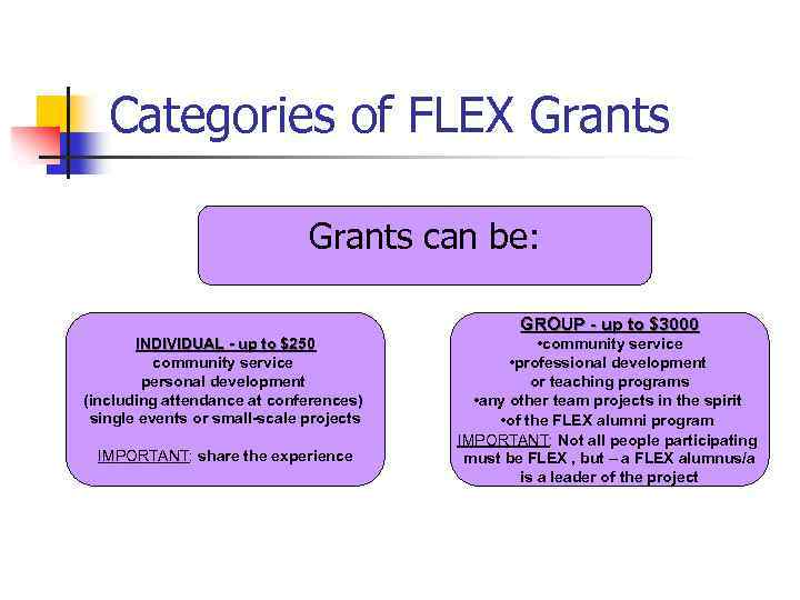 Categories of FLEX Grants can be: GROUP - up to $3000 INDIVIDUAL - up
