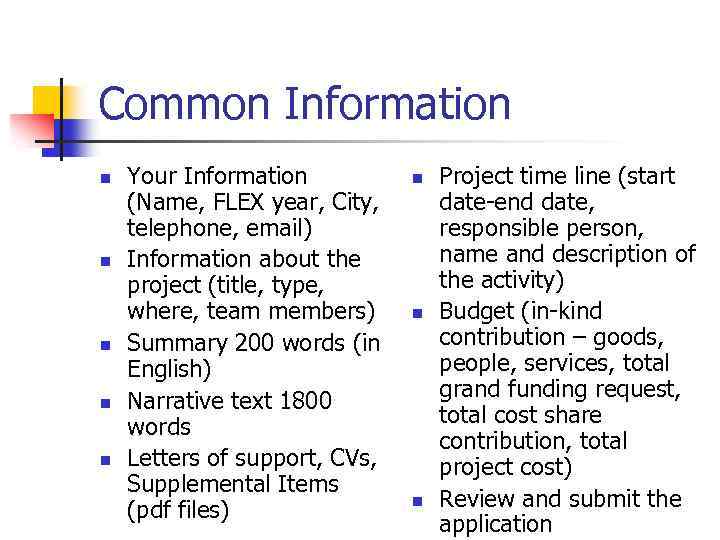 Common Information n n Your Information (Name, FLEX year, City, telephone, email) Information about