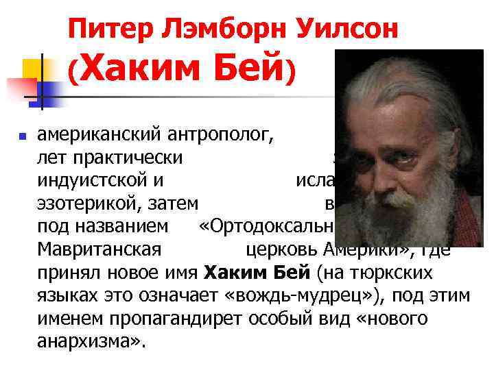 Питер Лэмборн Уилсон (Хаким n Бей) американский антрополог, много лет практически занимался индуистской и