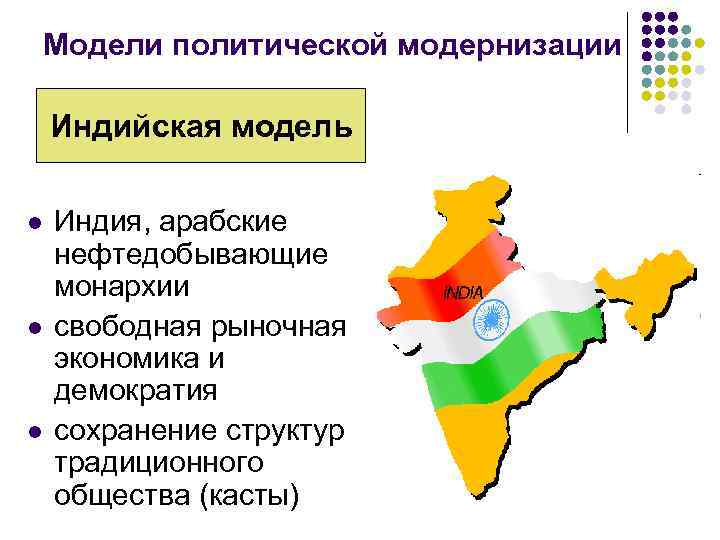  Модели политической модернизации Индийская модель l Индия, арабские нефтедобывающие монархии l свободная рыночная