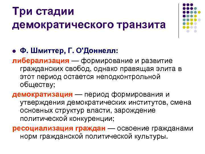 Три стадии демократического транзита l Ф. Шмиттер, Г. О'Доннелл: либерализация — формирование и развитие