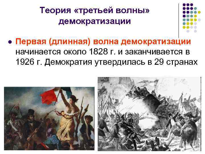 Теория «третьей волны» демократизации l Первая (длинная) волна демократизации начинается около 1828 г.