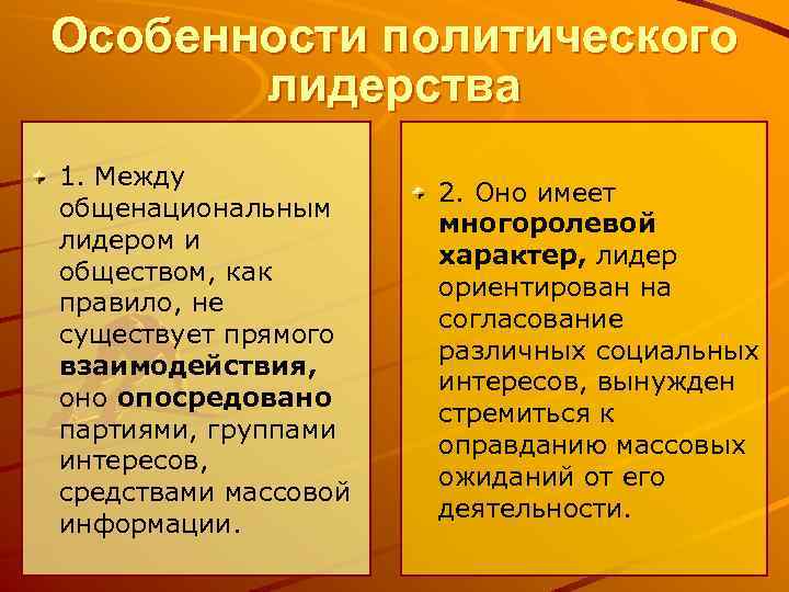 Особенности политического лидерства 1. Между общенациональным лидером и обществом, как правило, не существует прямого