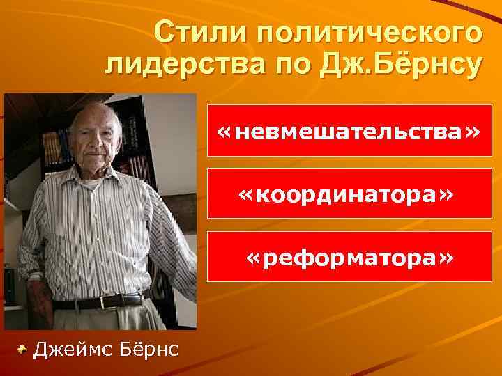 Стили политического лидерства по Дж. Бёрнсу «невмешательства» «координатора» «реформатора» Джеймс Бёрнс 