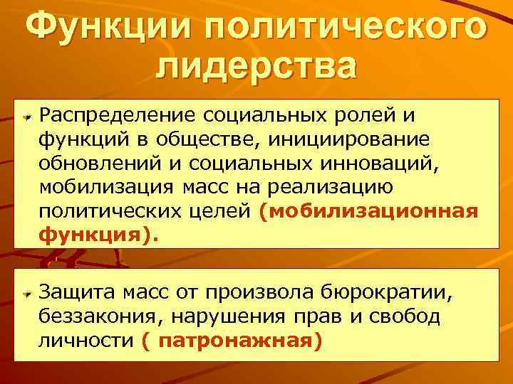 Функции политического лидерства Распределение социальных ролей и функций в обществе, инициирование обновлений и социальных