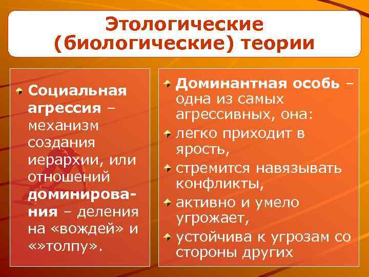 Этологические (биологические) теории Социальная агрессия – механизм создания иерархии, или отношений доминирования – деления