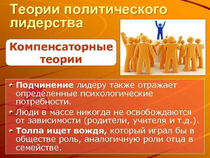 Теории политического лидерства Компенсаторные теории Подчинение лидеру также отражает определенные психологические потребности. Люди в