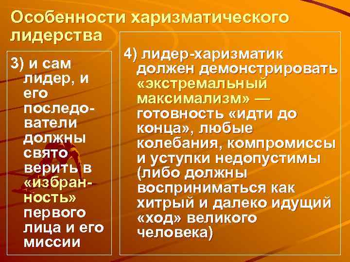 Особенности харизматического лидерства 3) и сам лидер, и его последователи должны свято верить в