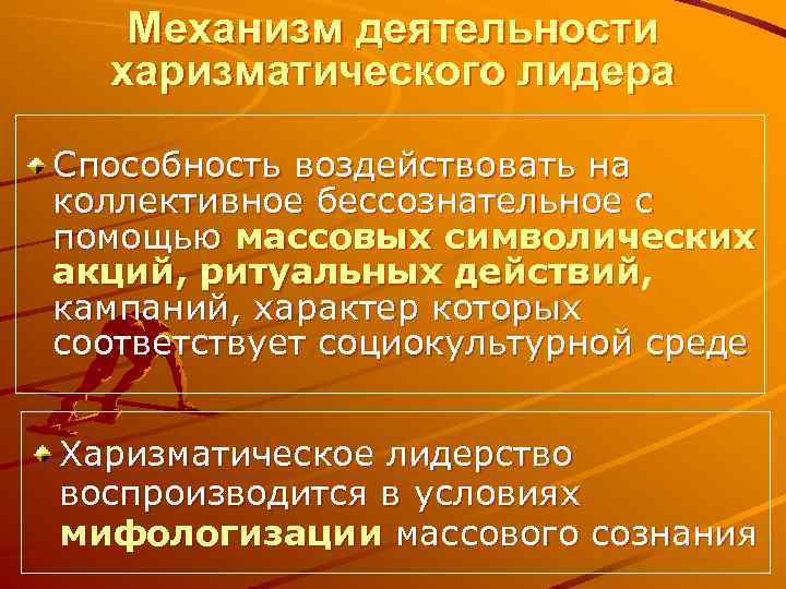 Механизм деятельности харизматического лидера Способность воздействовать на коллективное бессознательное с помощью массовых символических акций,