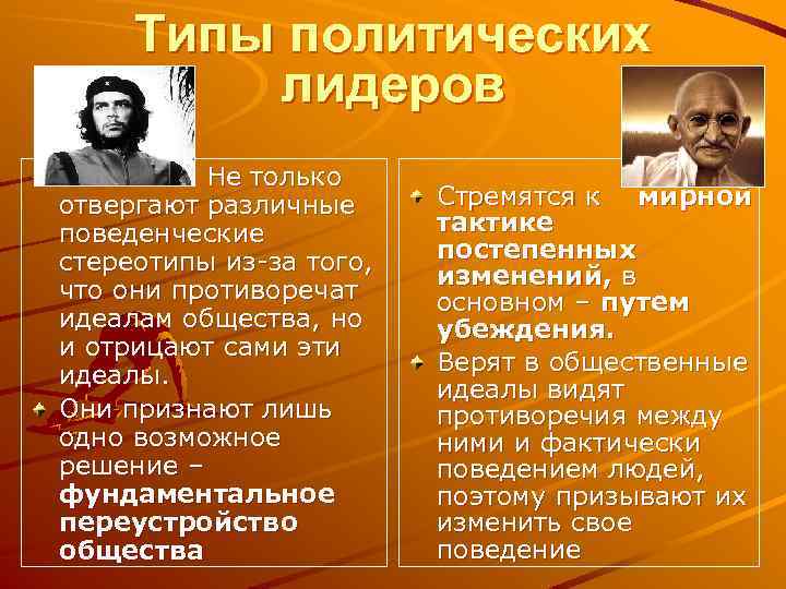 Типы политических лидеров Не только отвергают различные поведенческие стереотипы из-за того, что они противоречат