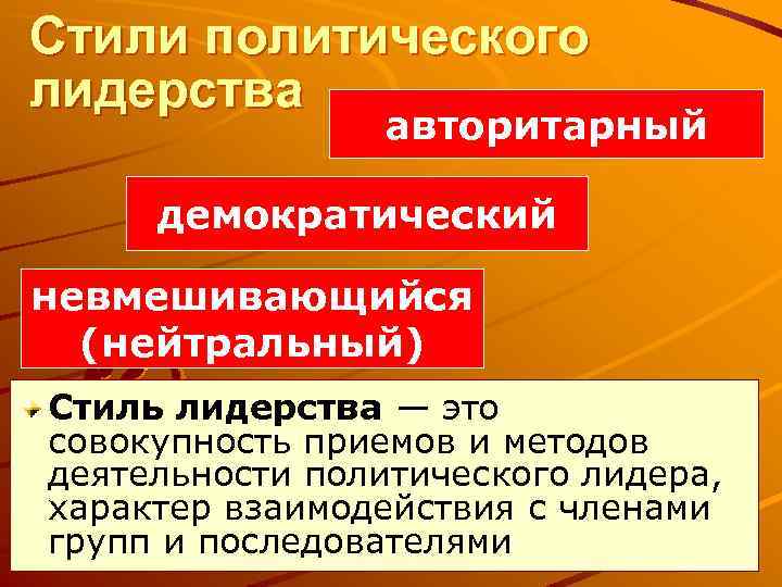 Стили политического лидерства авторитарный демократический невмешивающийся (нейтральный) Стиль лидерства — это совокупность приемов и