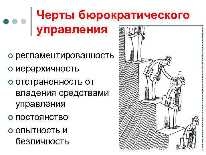 Черты бюрократического управления ¢ регламентированность ¢ иерархичность ¢ отстраненность от владения средствами управления ¢