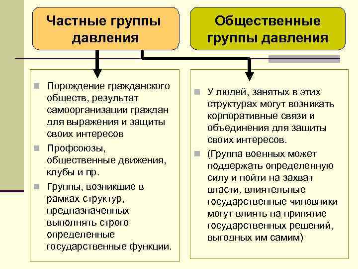 Частные группы давления n Порождение гражданского обществ, результат самоорганизации граждан для выражения и защиты